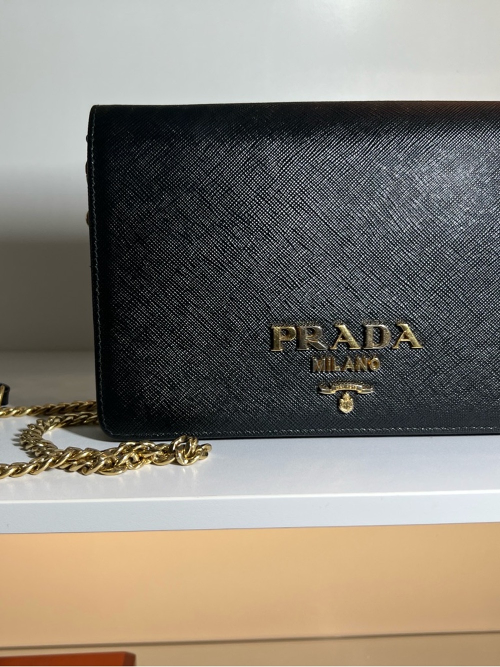 Prada Black Saffiano Leather Chain Crossbody with Gold Hardware